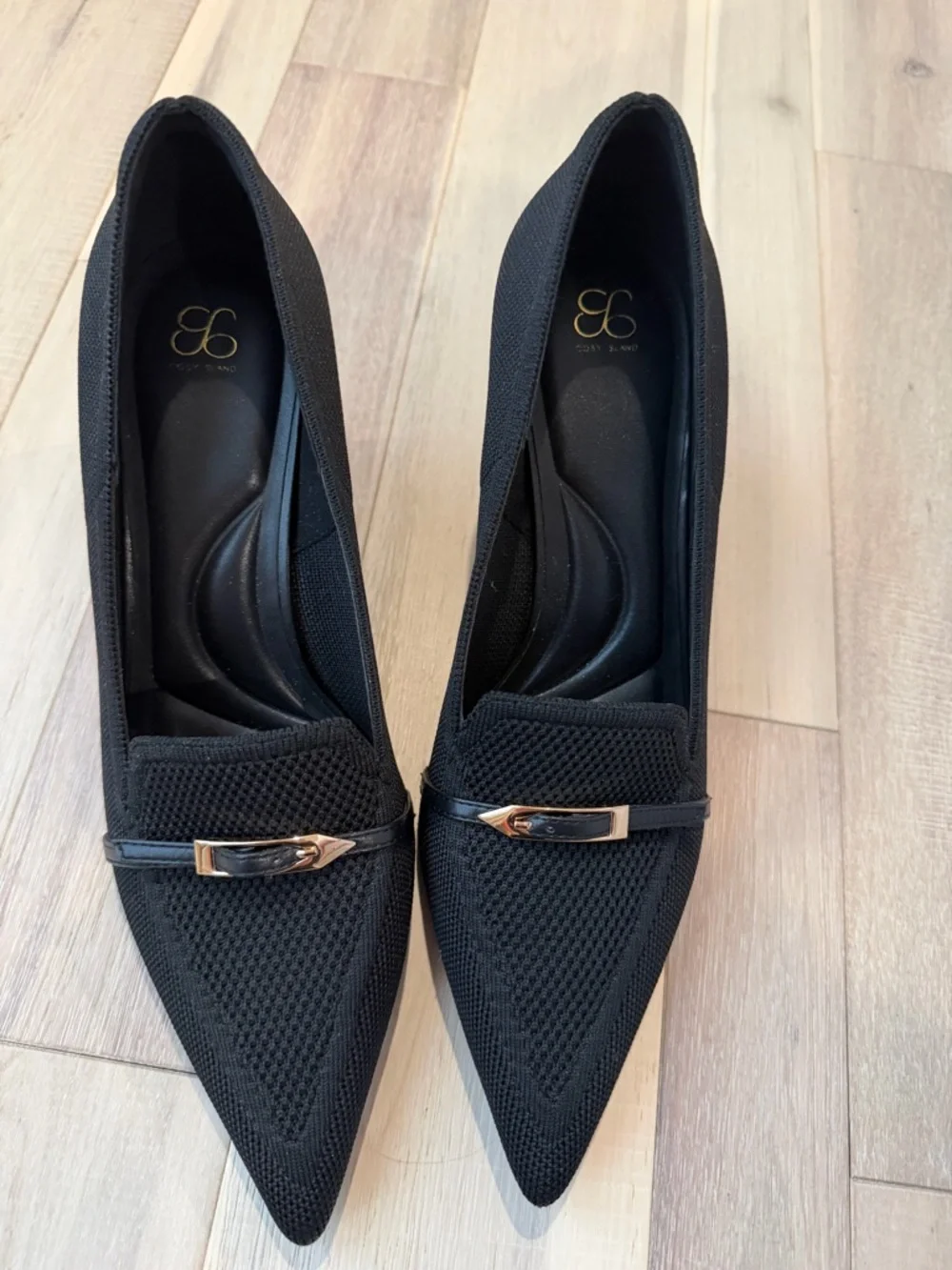 Women's Black Pointed-Toe Slip-On Heels with Metallic Accent - Picture 2 of 5